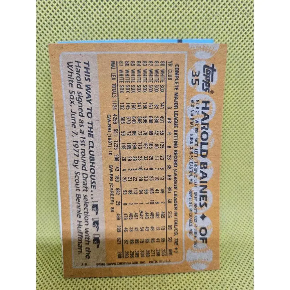 Harold Baines - HOF - 1988 Topps #35 - White Sox - RAW Mint - Picture 2 of 2